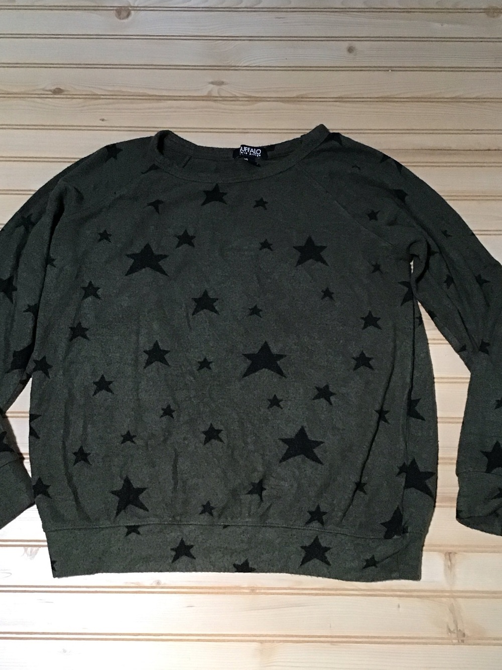 Olive Green Black Star Print Cozy Crewneck Fleece Sweater Sweatshirt Top Medium